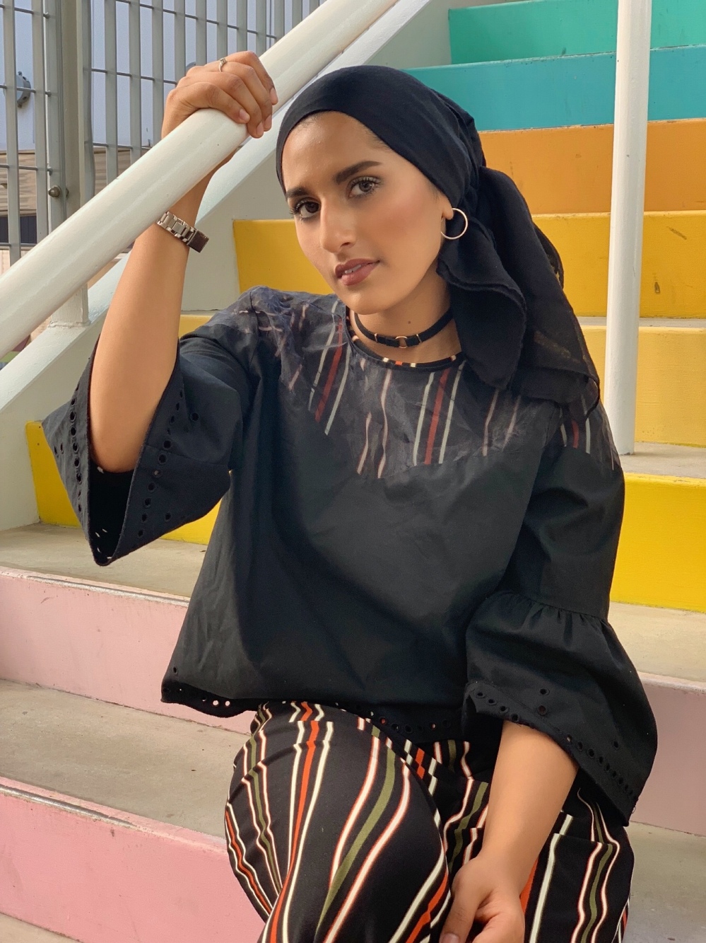 Mesh shirt over striped dress | Rafa Farihah